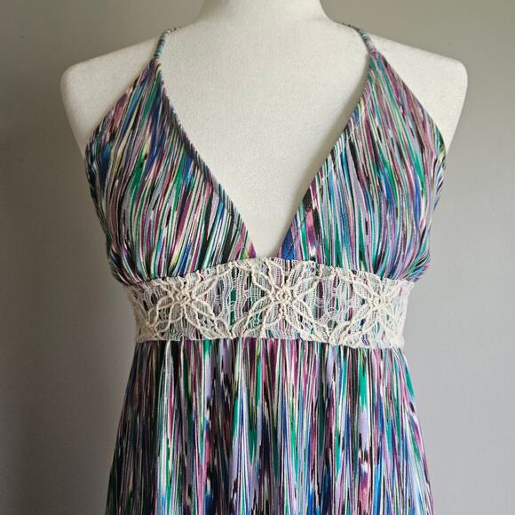 Route 66 Maxi Dress Size M Blue Y2K Halter Crochet Waist Boho Summer Festival - Picture 2 of 13